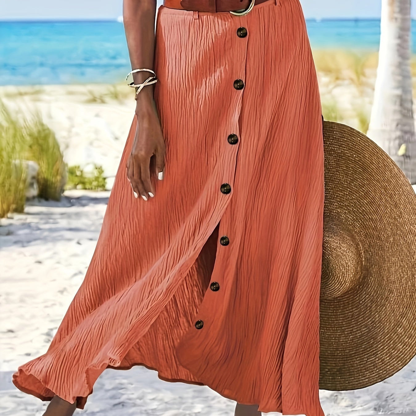 Semi Sheer Midi Skirt With Front Buttons And Side Slit
