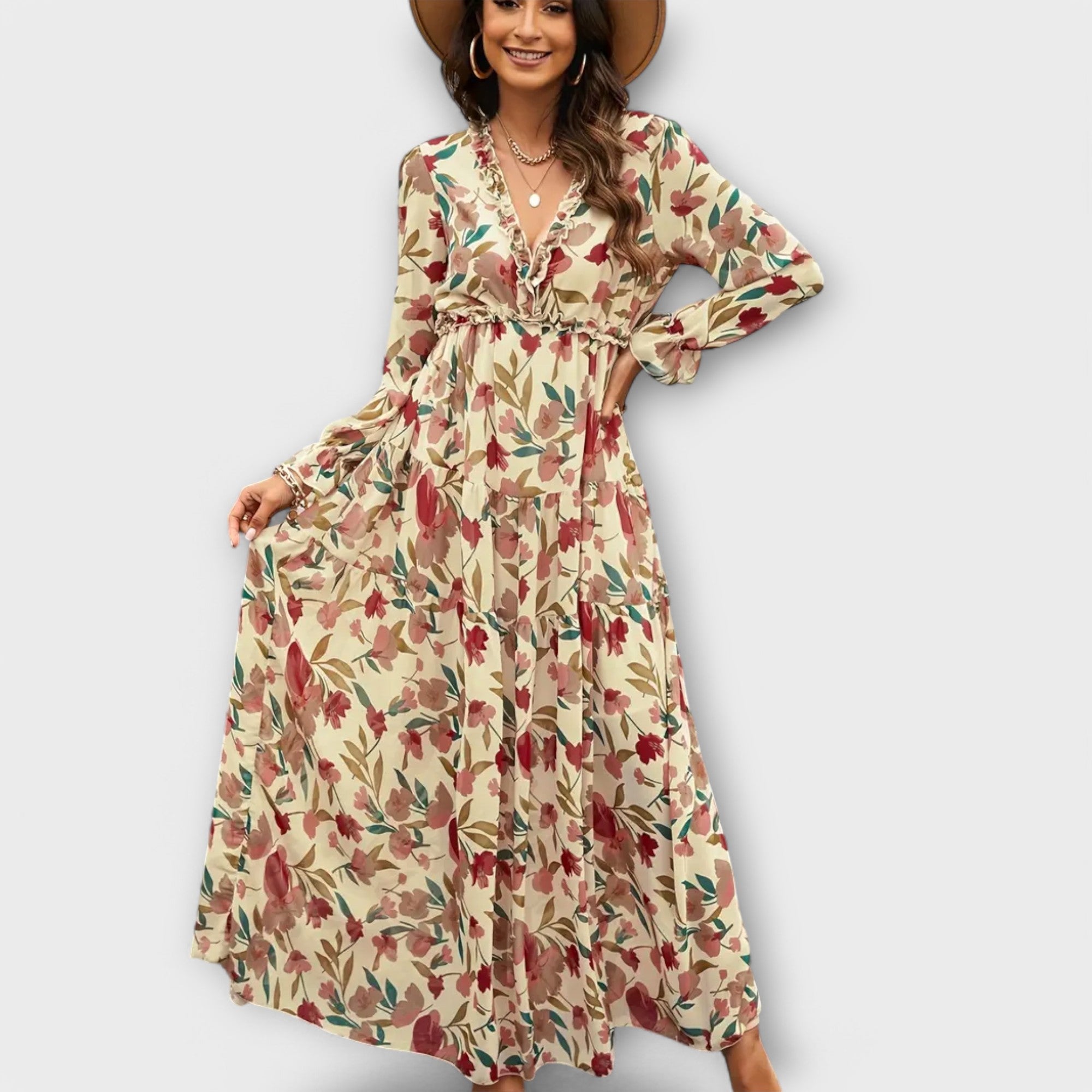Maxi Floral Pattern Dress With V Neck And Long Sleeves