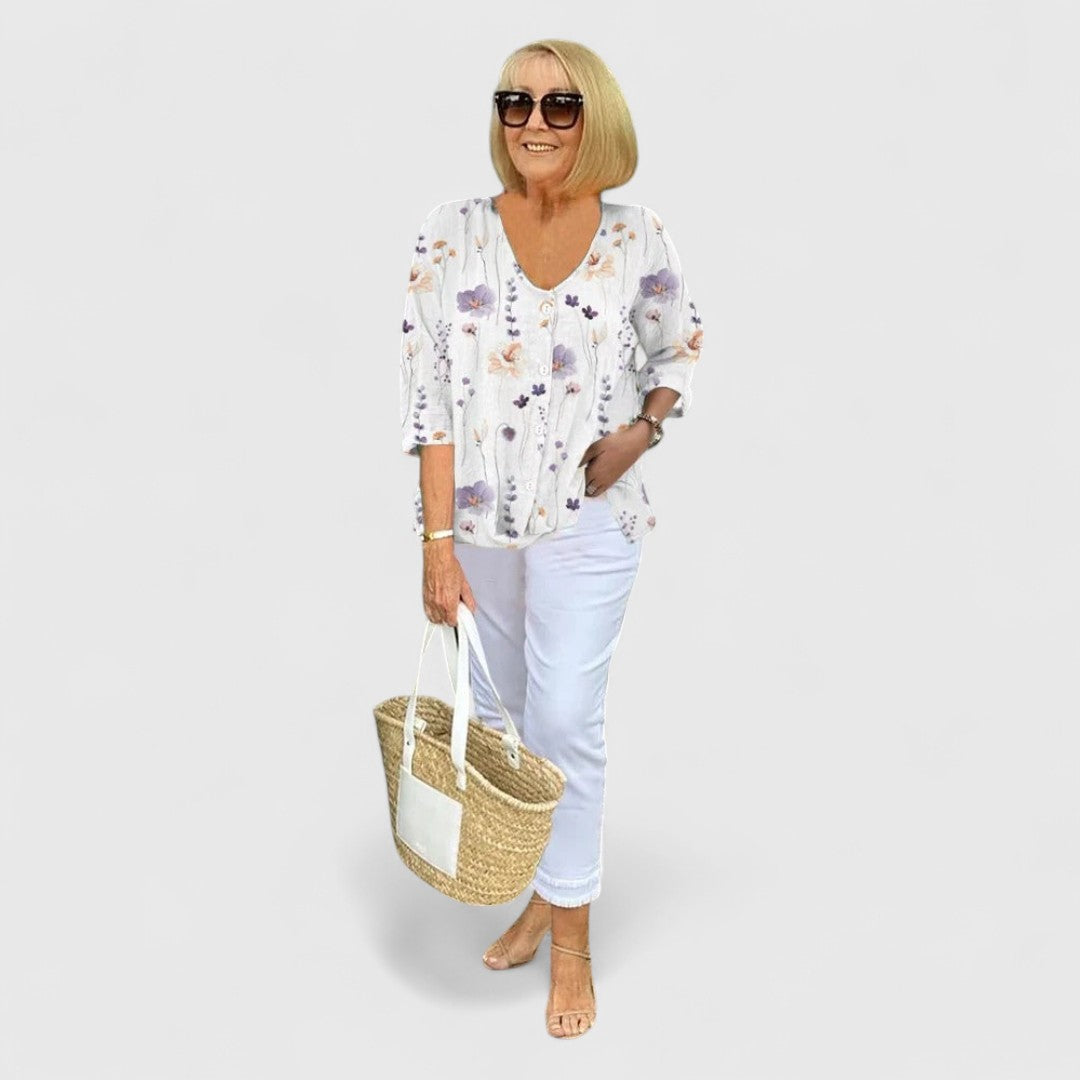 Stella Maria Cotton and Linen Blouse With Floral Pattern
