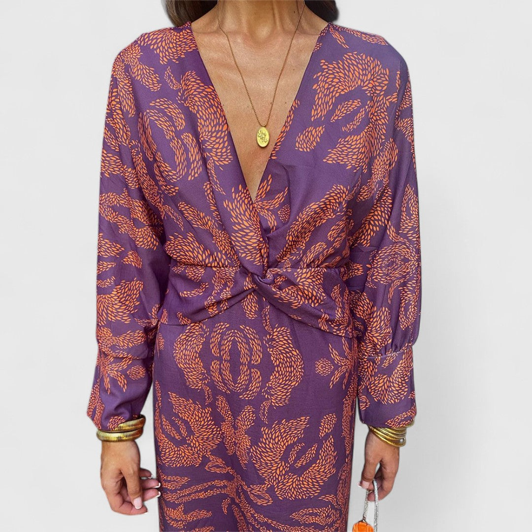 Midi Dress Front Twist Deep V Neck Long Sleeves Paisley