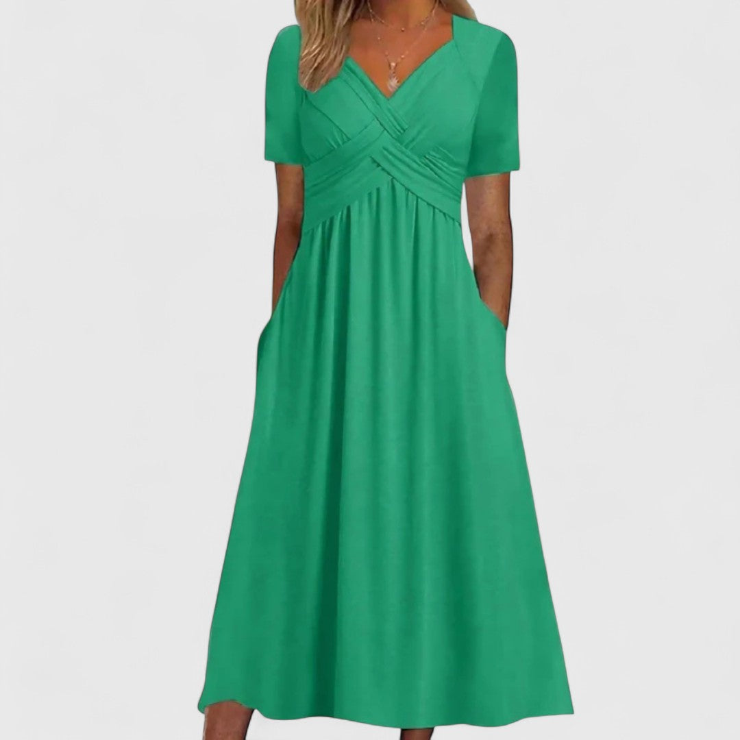 Euterpa Soft A Line Midi Dress With V Neck Comfort Fit