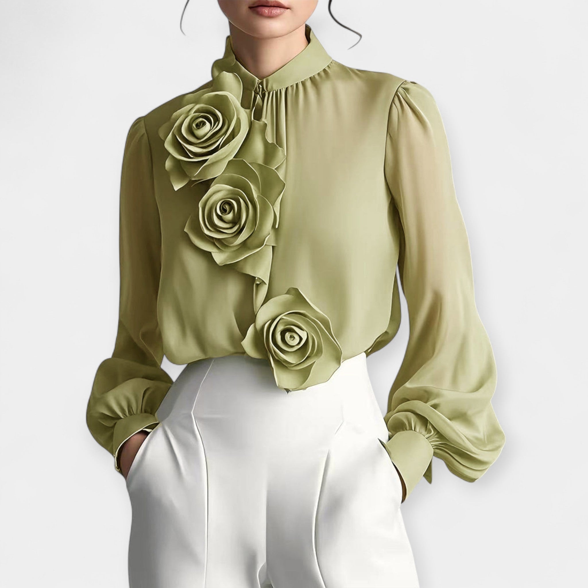 White Blouse With 3D Rose Appliques And Sheer Neckline