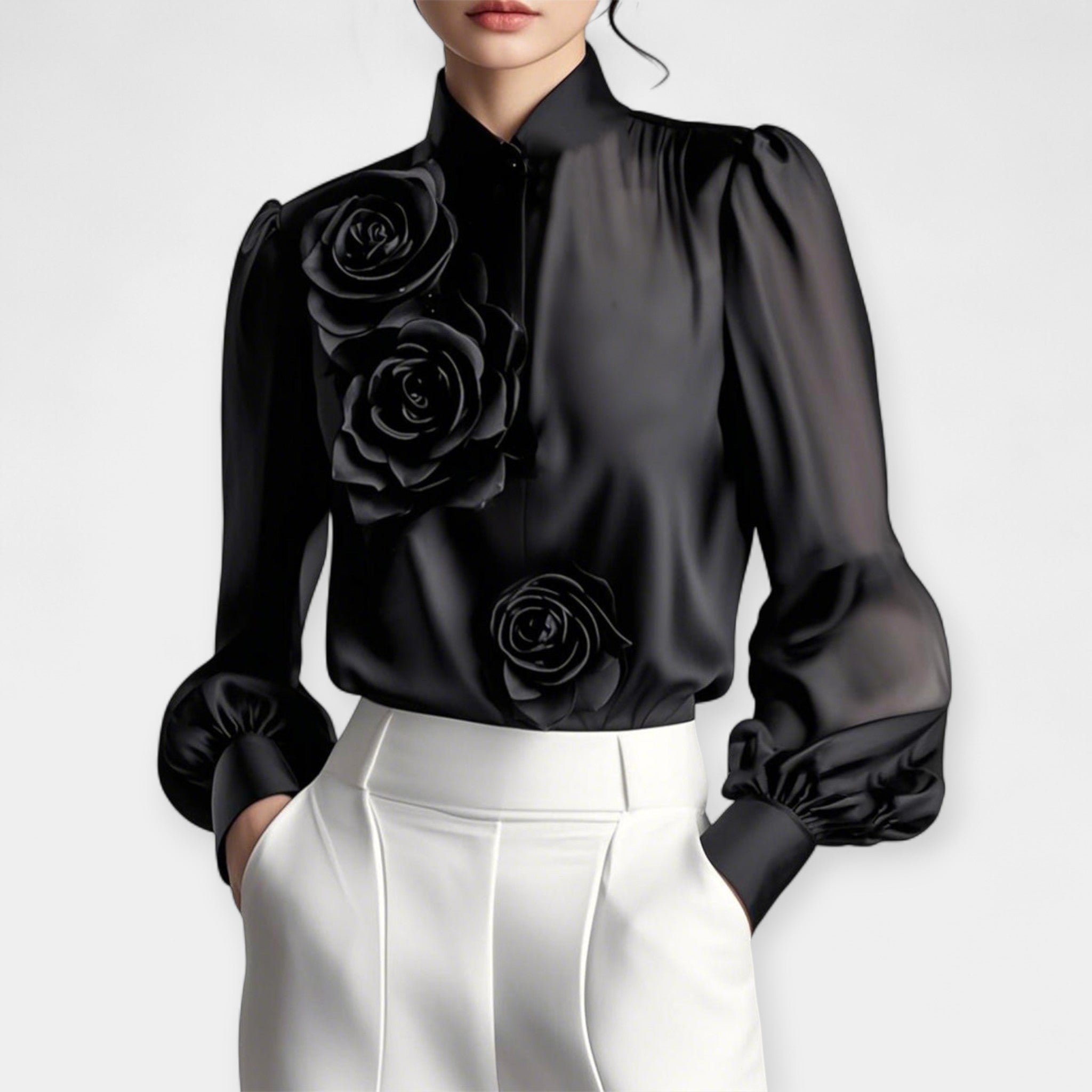 White Blouse With 3D Rose Appliques And Sheer Neckline