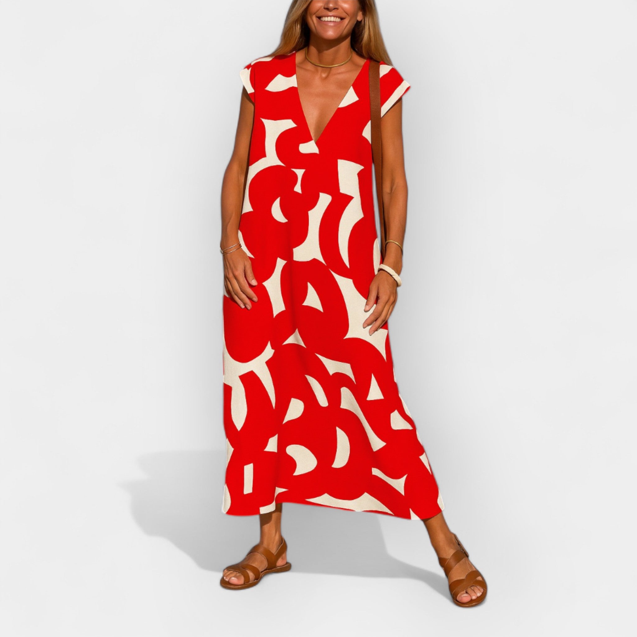 Airy V Neck Dress With Modern Print Lightweight Comfort