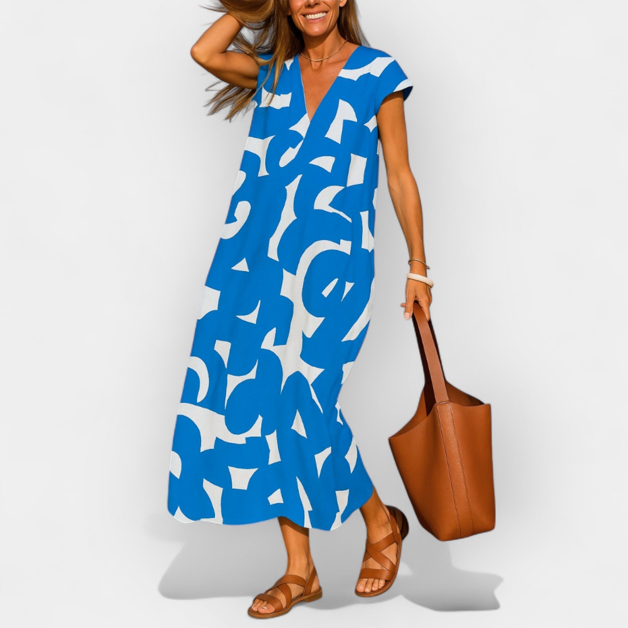 Airy V Neck Dress With Modern Print Lightweight Comfort