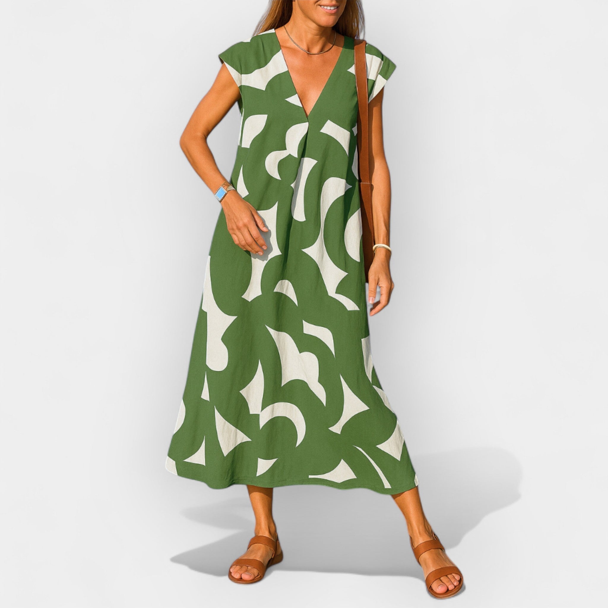 Airy V Neck Dress With Modern Print Lightweight Comfort