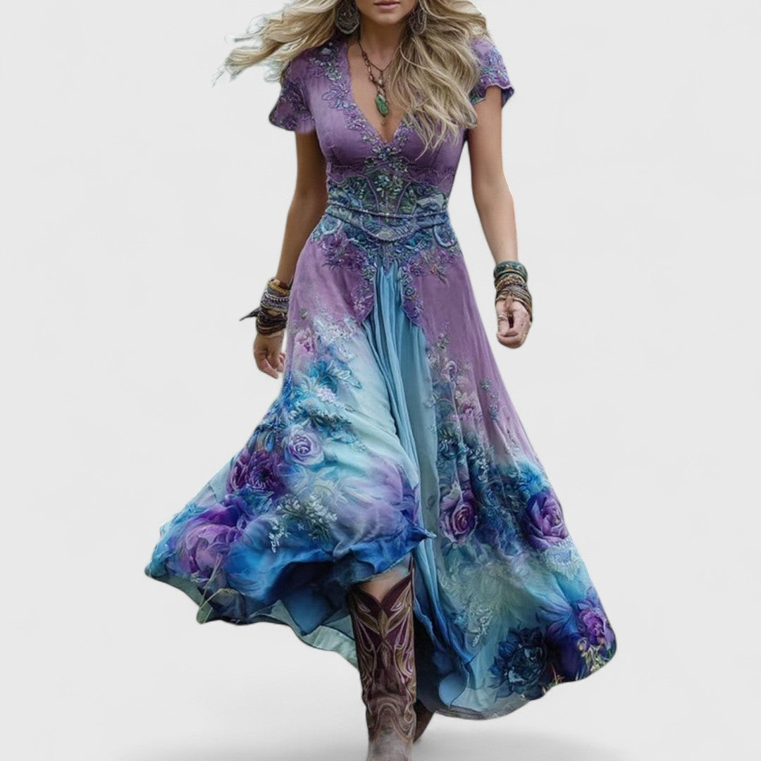 Savvoula Elegant Boho Chic Gradient Floral Long Dress