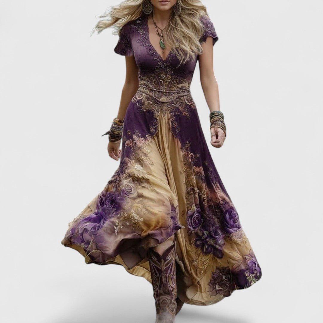 Savvoula Elegant Boho Chic Gradient Floral Long Dress