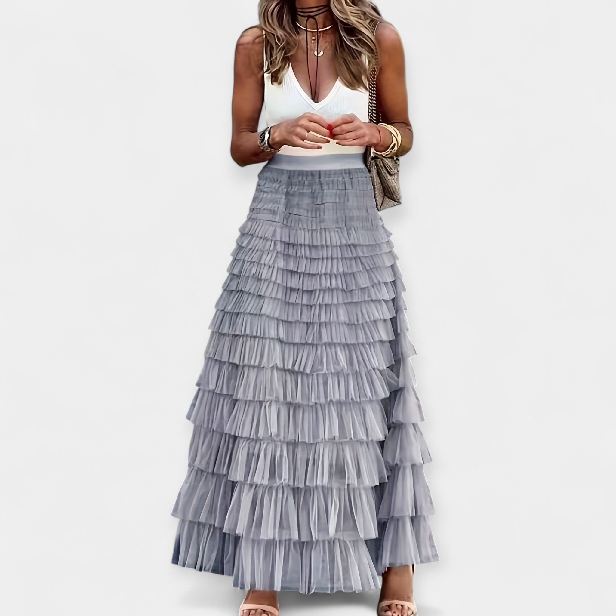 Boho Skirt With Net Hem High Waist Summer And Crop Tops