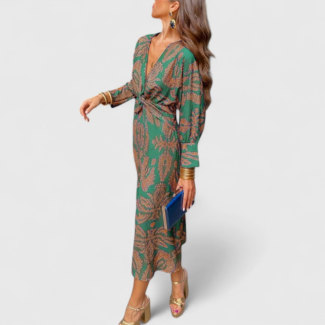 Midi Dress Front Twist Deep V Neck Long Sleeves Paisley