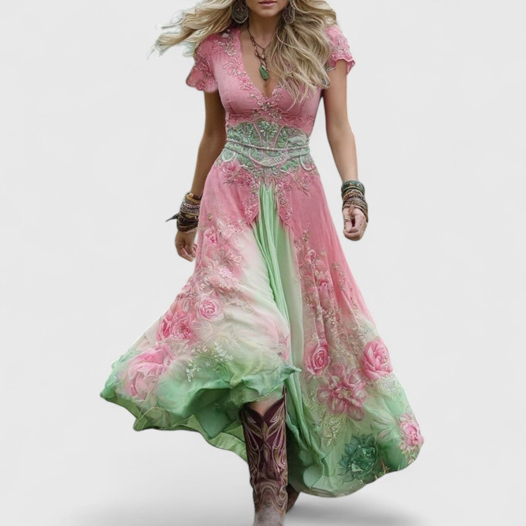 Savvoula Elegant Boho Chic Gradient Floral Long Dress