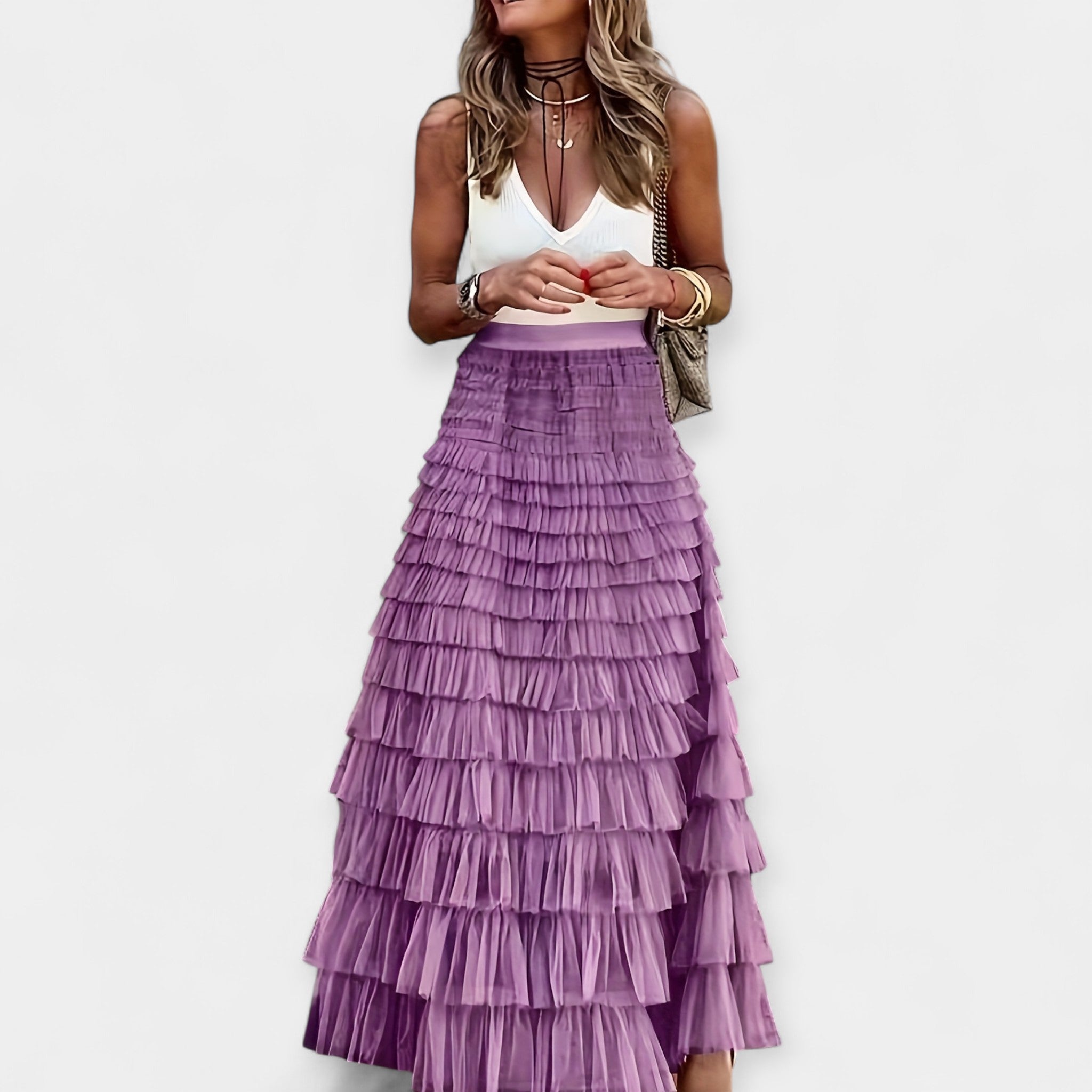 Boho Skirt With Net Hem High Waist Summer And Crop Tops