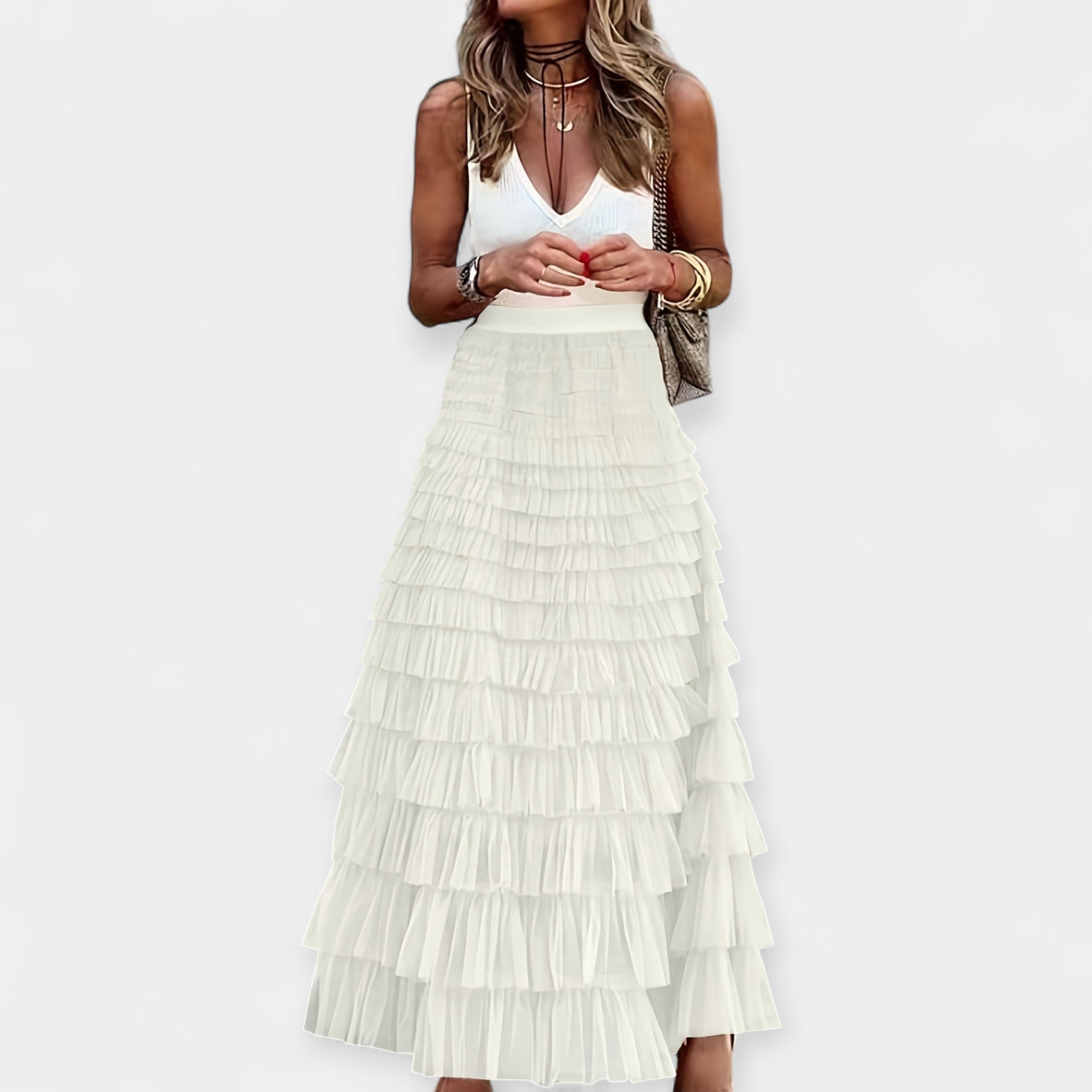 Boho Skirt With Net Hem High Waist Summer And Crop Tops