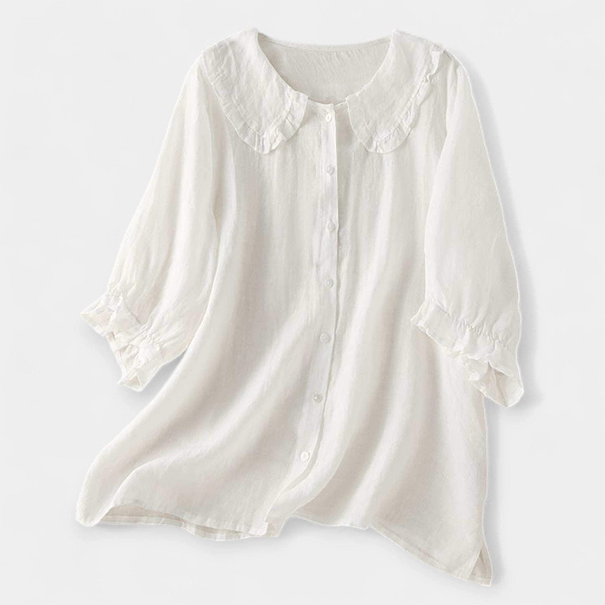 Ruffle Blouse With Peter Pan Collar Cotton Linen Blend