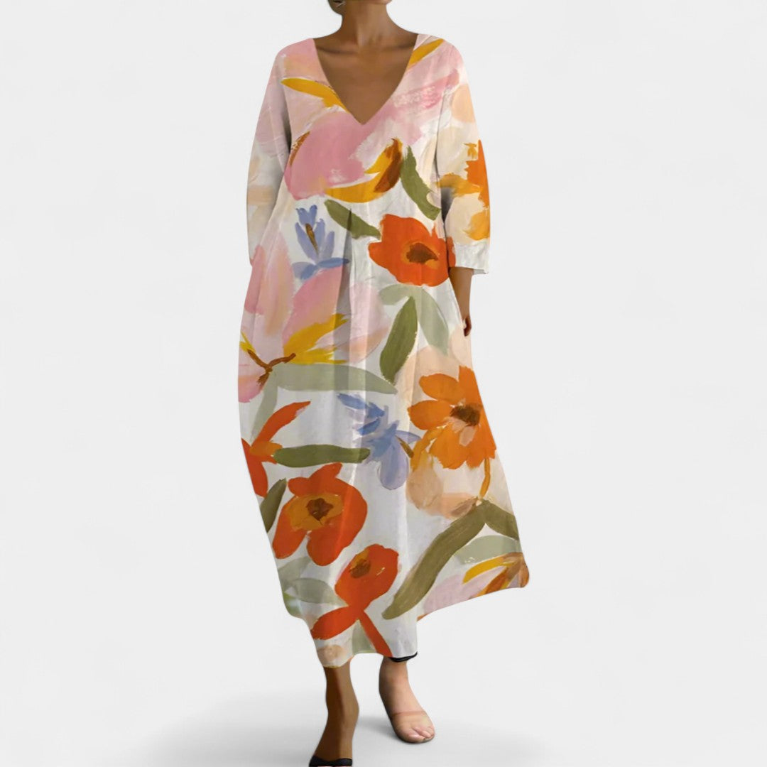 Hero Long Flowing Dress With V Neck And Butterfly Fabric