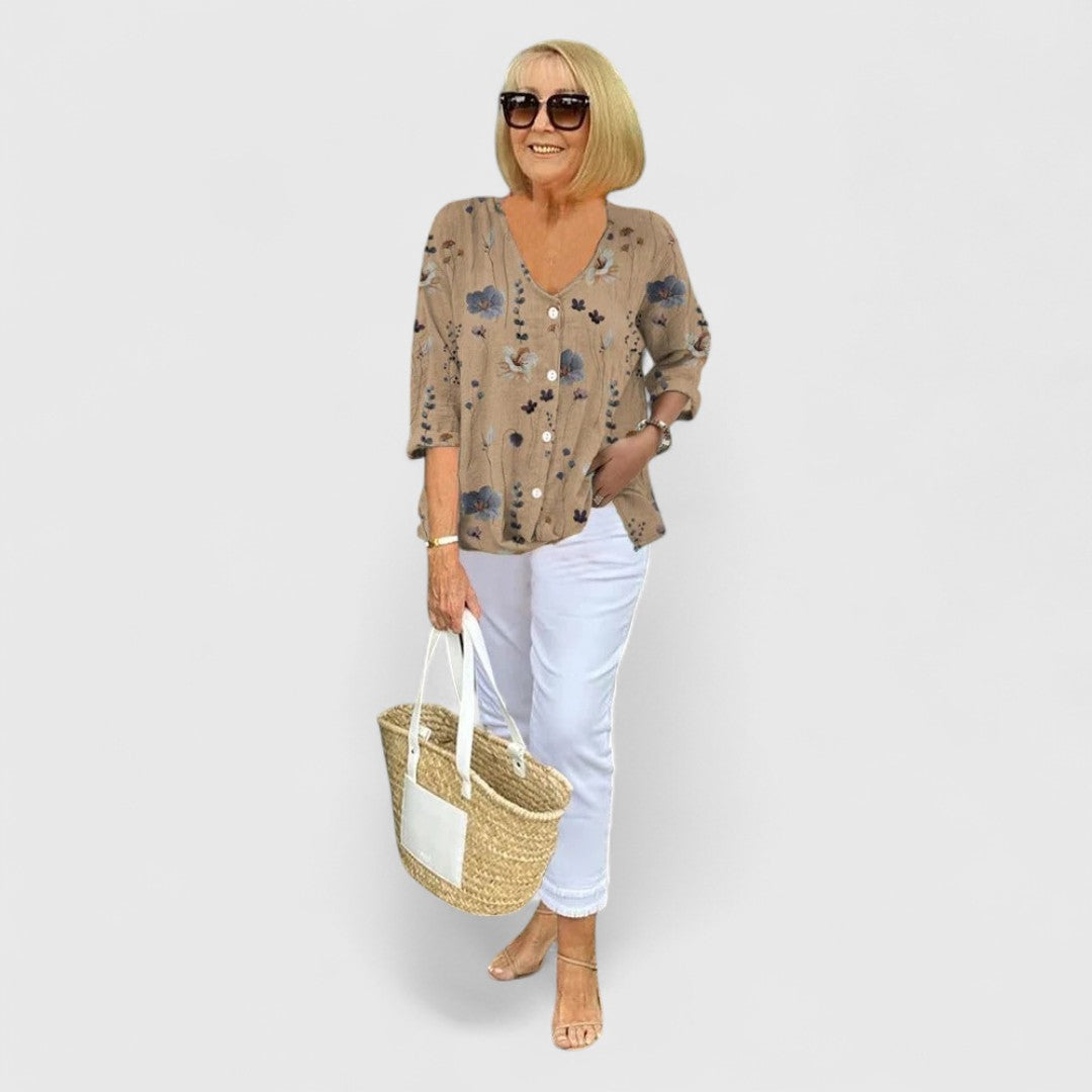 Stella Maria Cotton and Linen Blouse With Floral Pattern