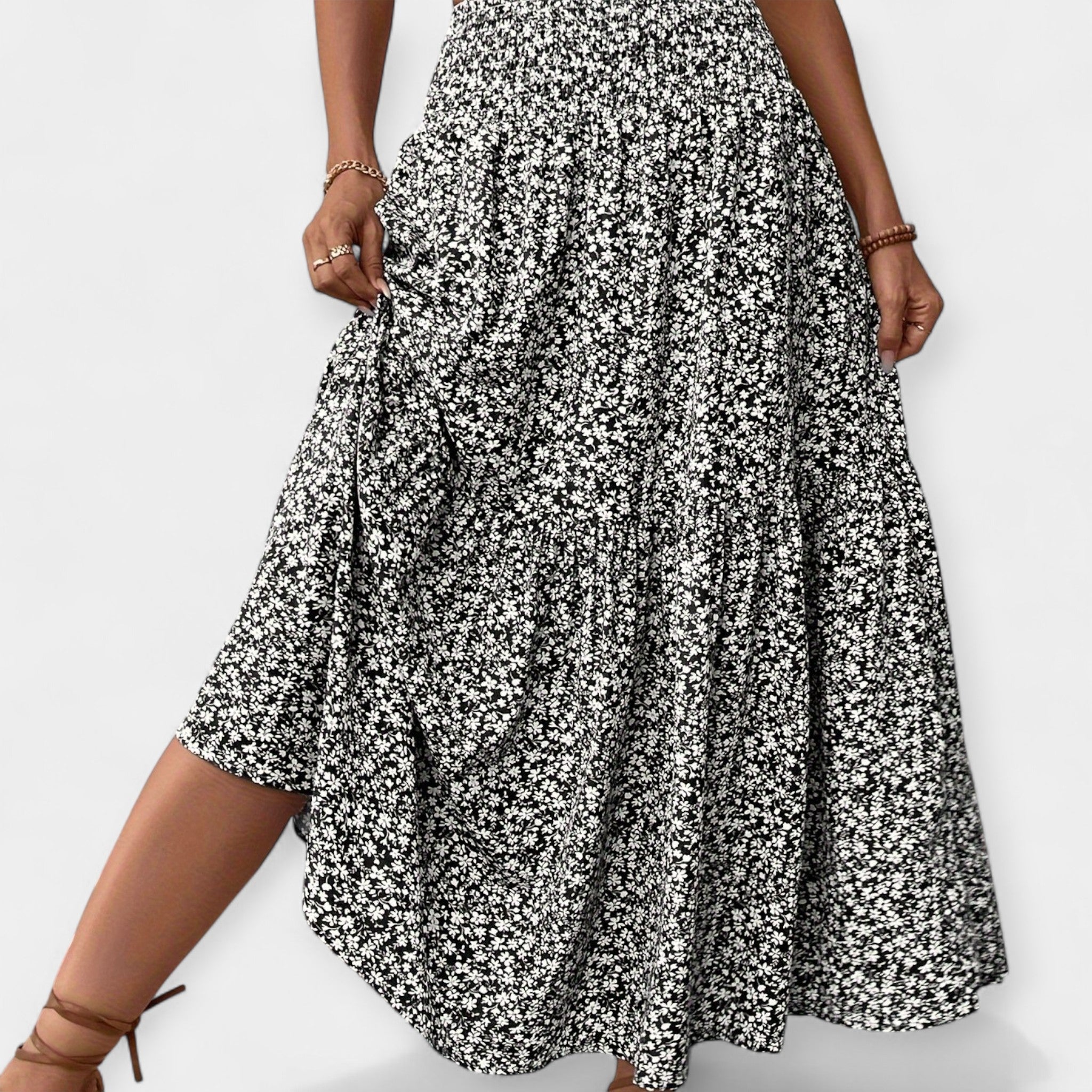 Floral Skirt With Elastic Waist And Pockets Spring Summer