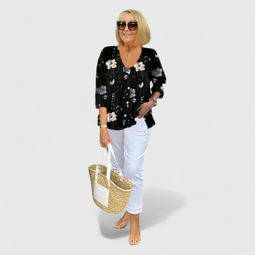 Stella Maria Cotton and Linen Blouse With Floral Pattern