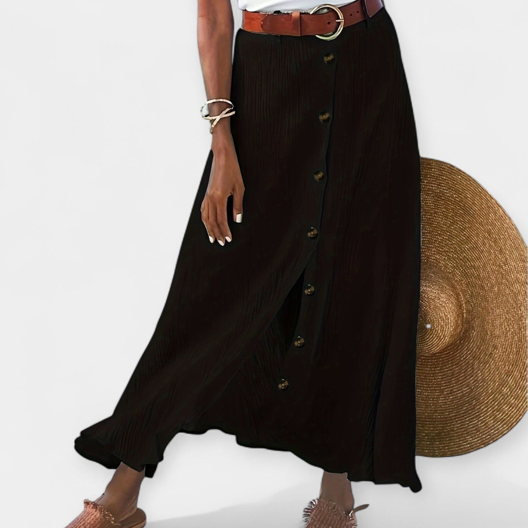 Semi Sheer Midi Skirt With Front Buttons And Side Slit