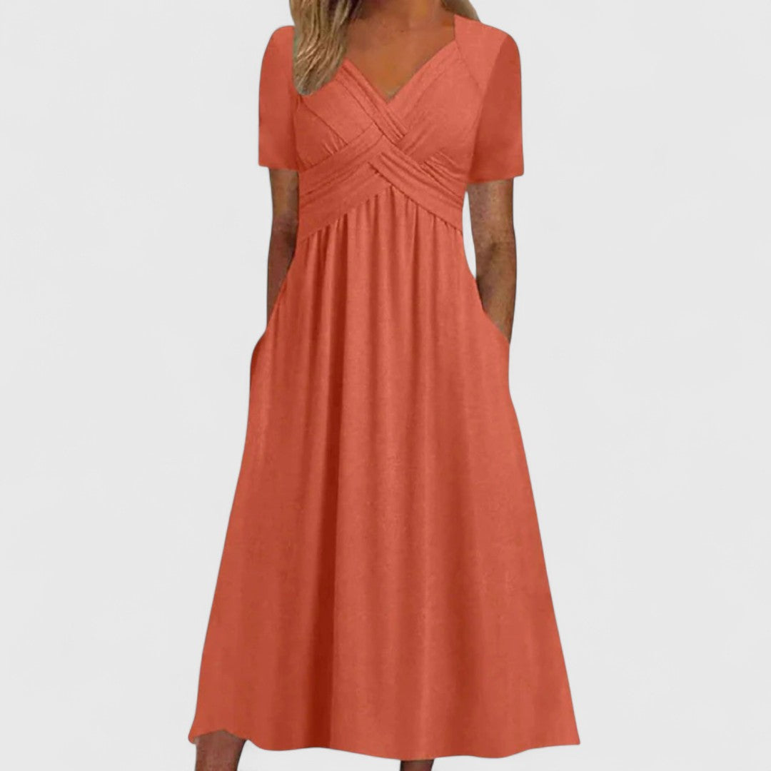 Euterpa Soft A Line Midi Dress With V Neck Comfort Fit