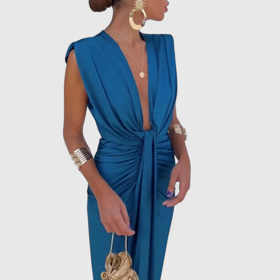 Metaxia Draped Dress With Deep V Neck And Feminine Charm