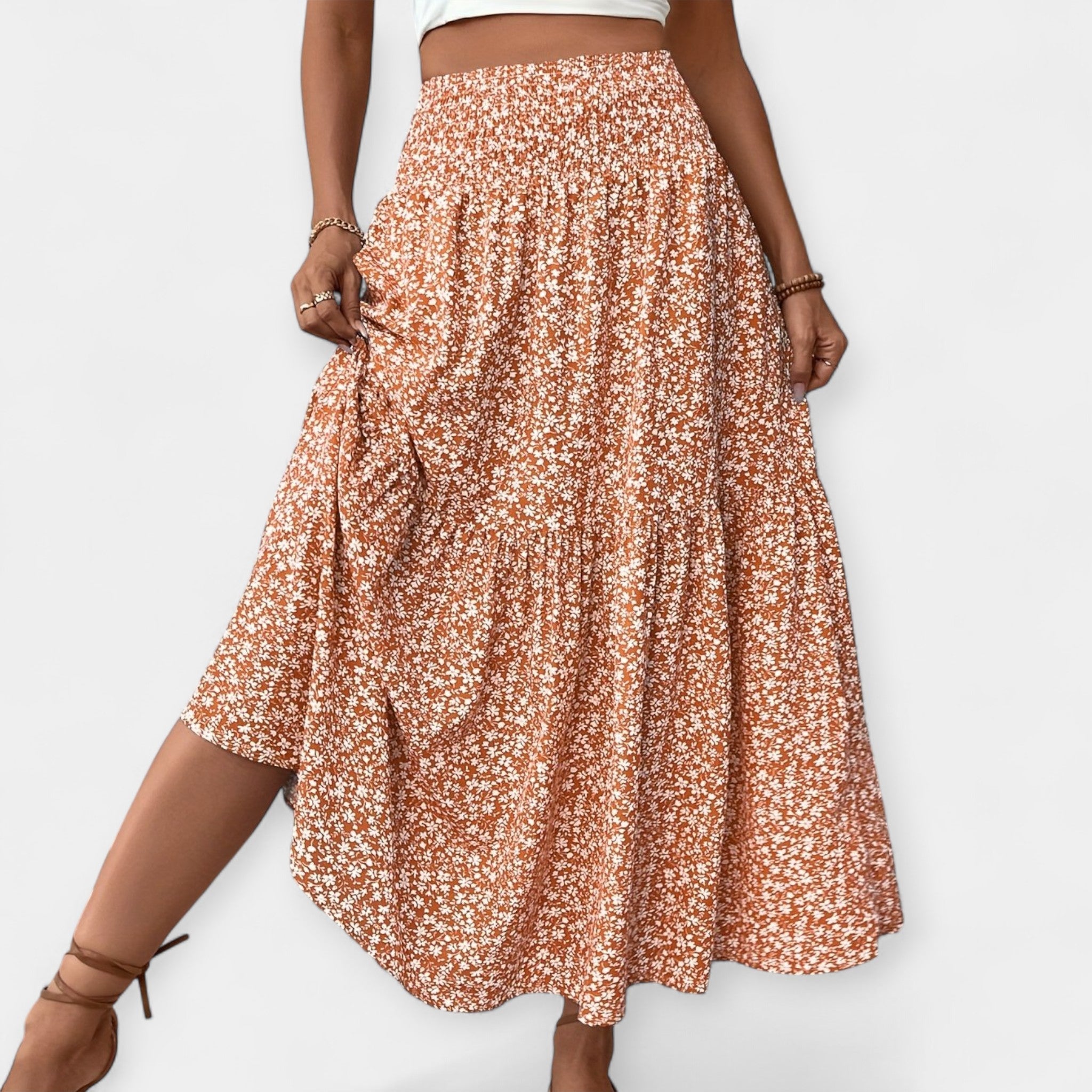 Floral Skirt With Elastic Waist And Pockets Spring Summer