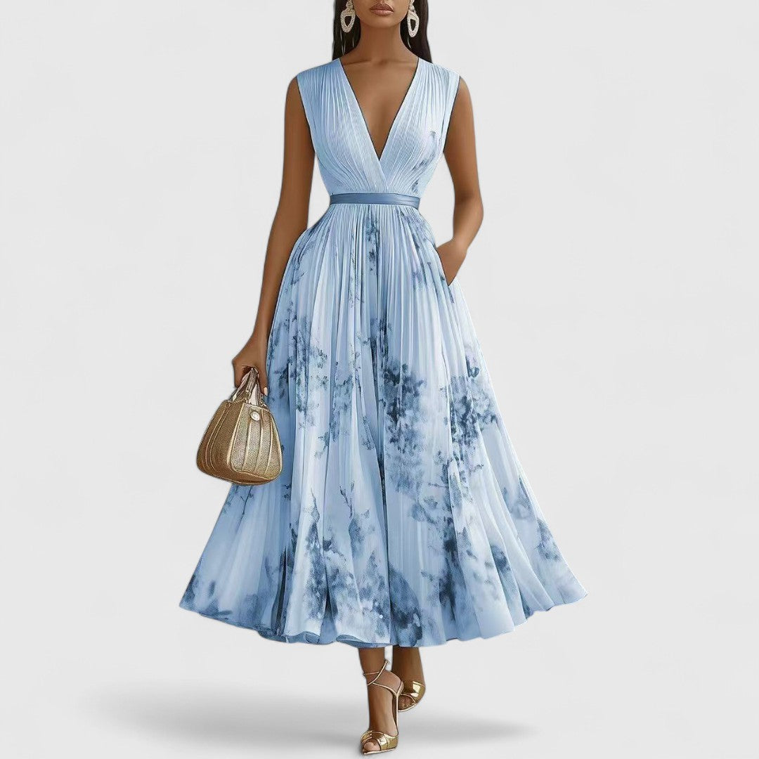 Athena Elegant Floral Dress In Blue And White For Occasions