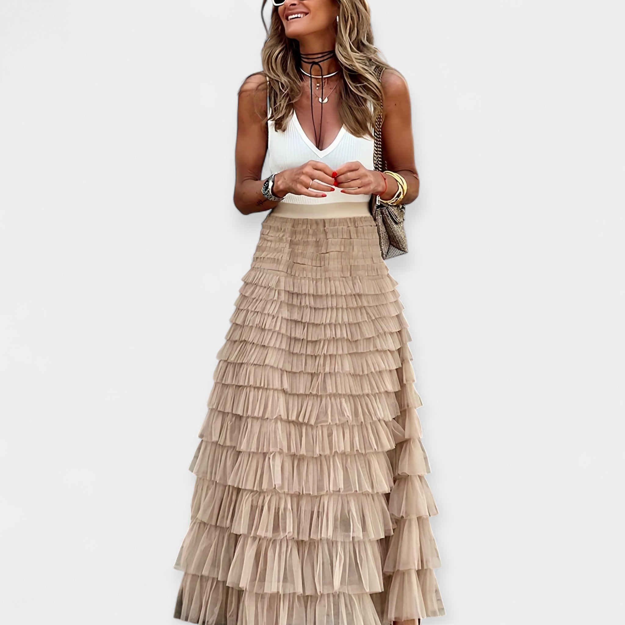 Boho Skirt With Net Hem High Waist Summer And Crop Tops