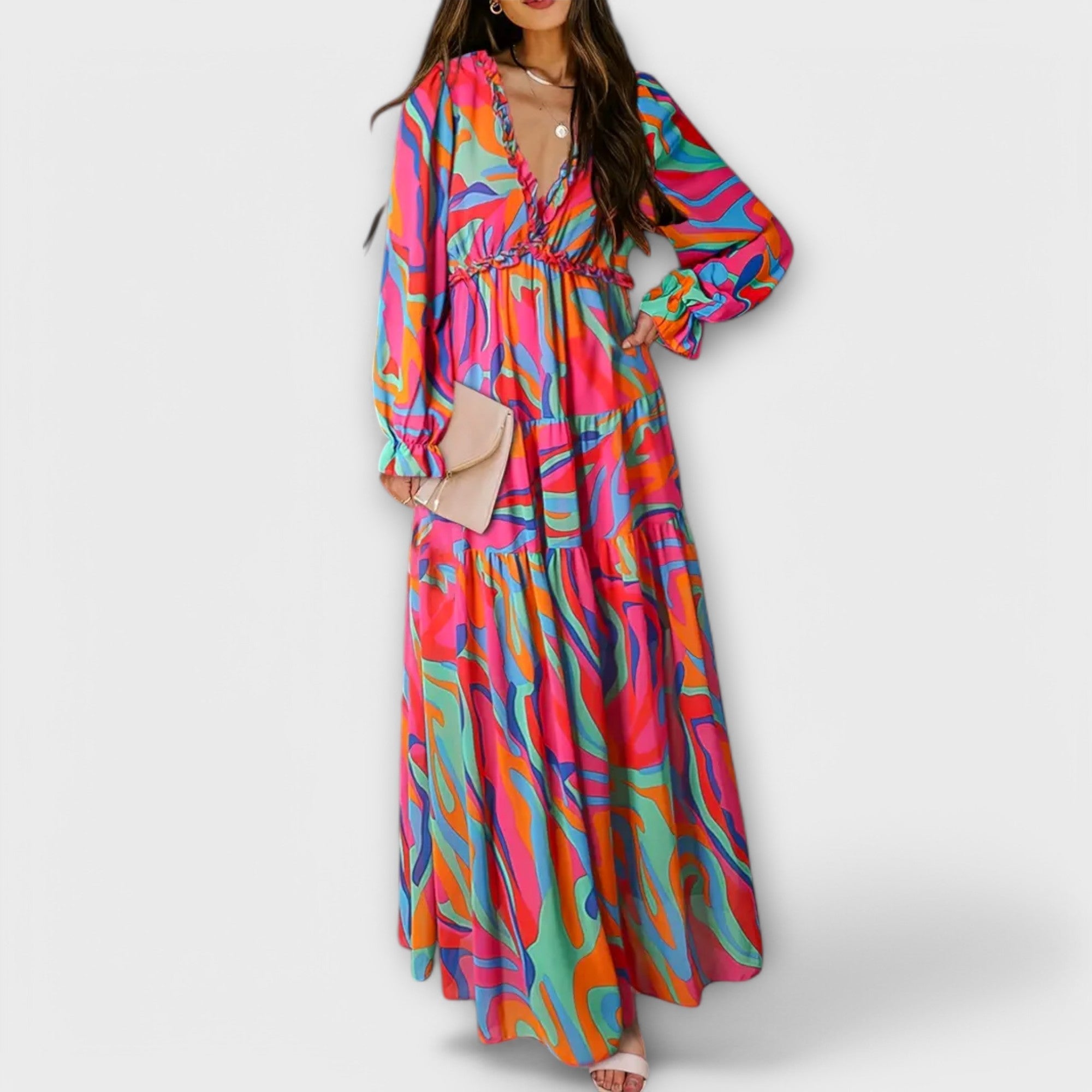 Maxi Floral Pattern Dress With V Neck And Long Sleeves