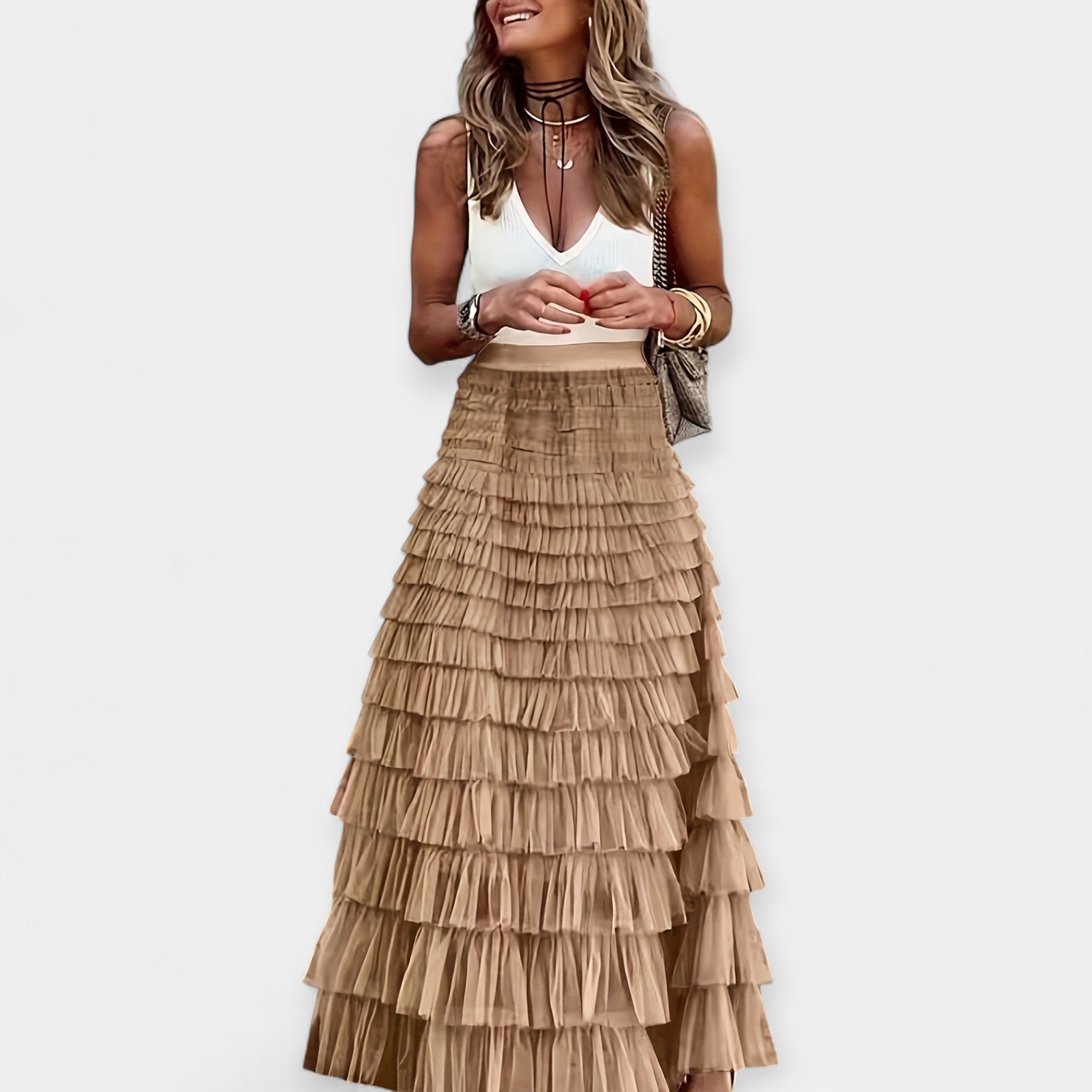 Boho Skirt With Net Hem High Waist Summer And Crop Tops