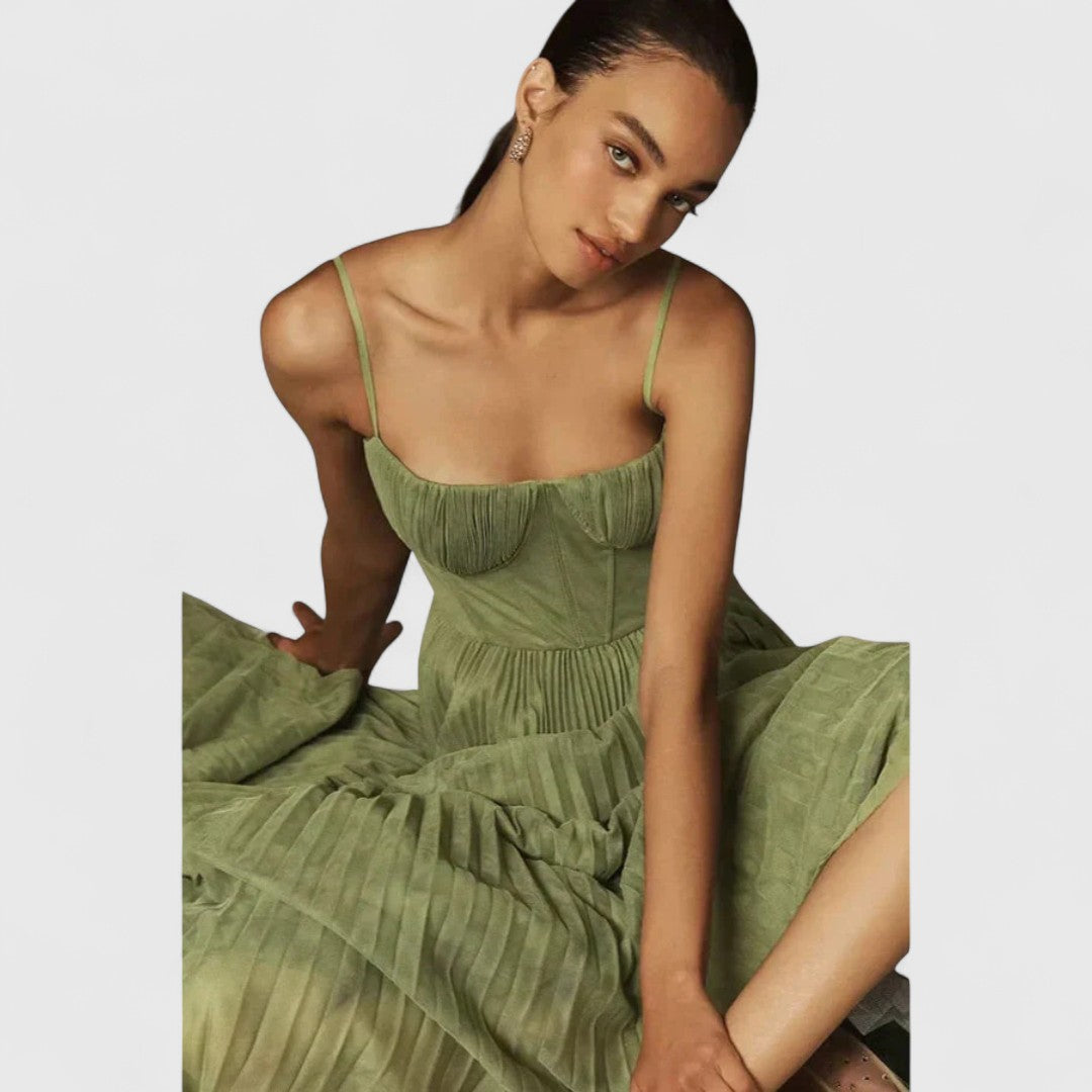 Zeta Pleated Midi Dress Fit And Flare Feminine Grace