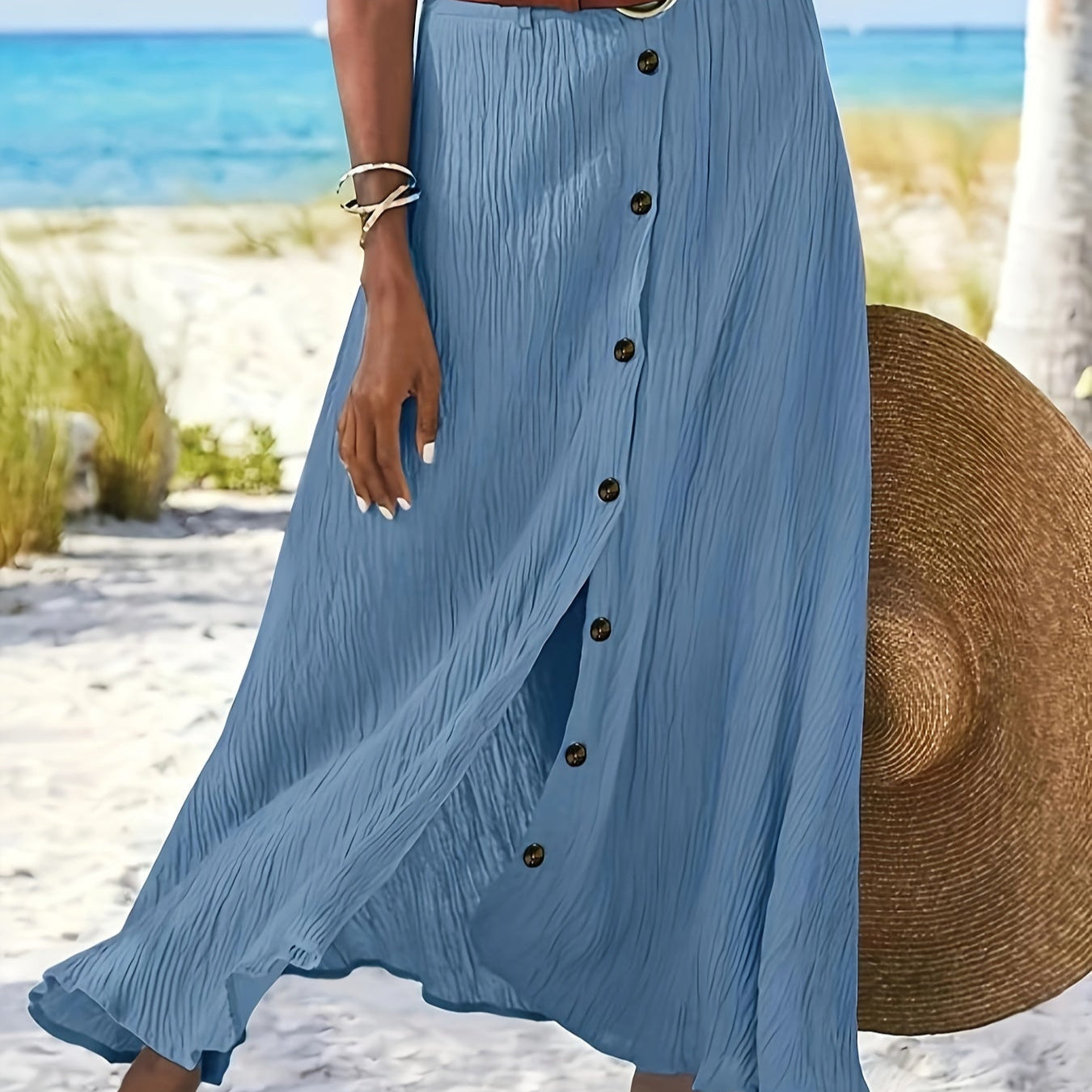 Semi Sheer Midi Skirt With Front Buttons And Side Slit