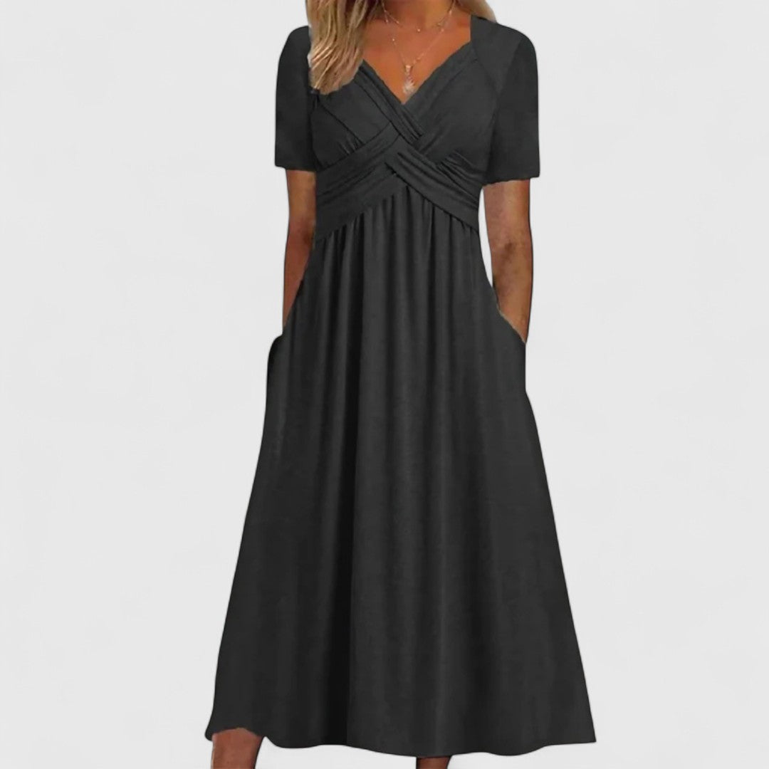 Euterpa Soft A Line Midi Dress With V Neck Comfort Fit