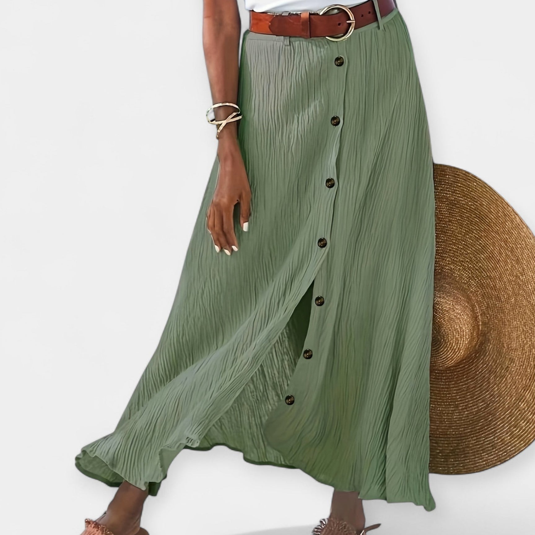 Semi Sheer Midi Skirt With Front Buttons And Side Slit