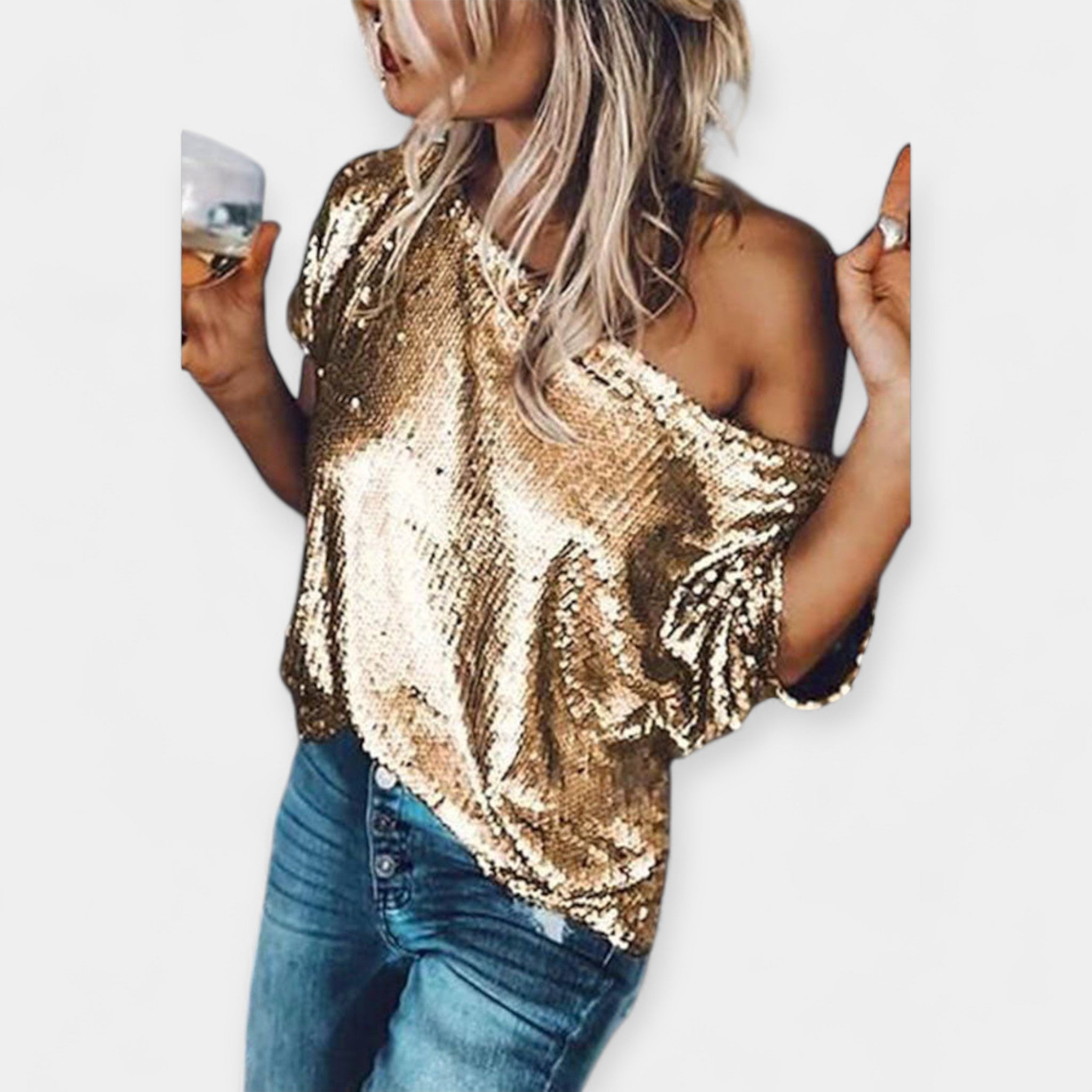 Sequined Blouse With Short Sleeves Loose Fit Party Ready