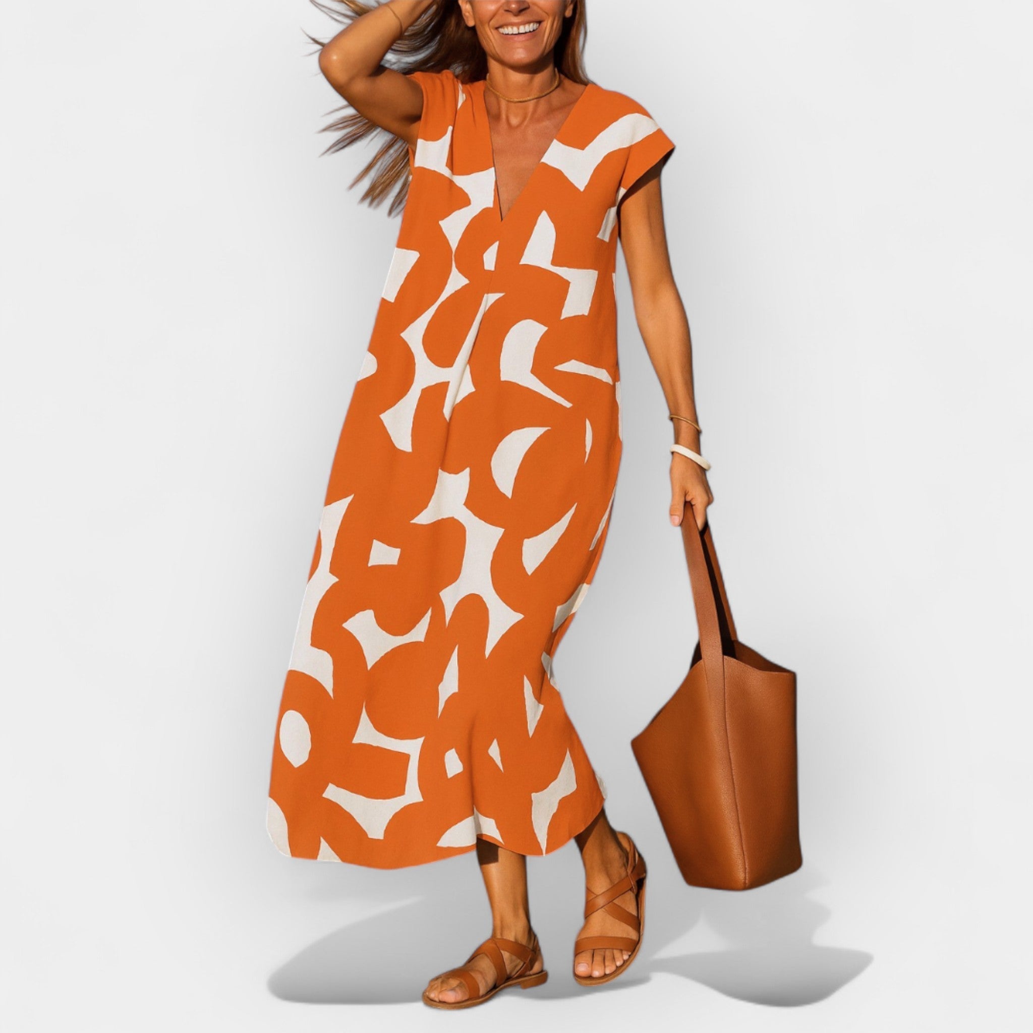 Airy V Neck Dress With Modern Print Lightweight Comfort