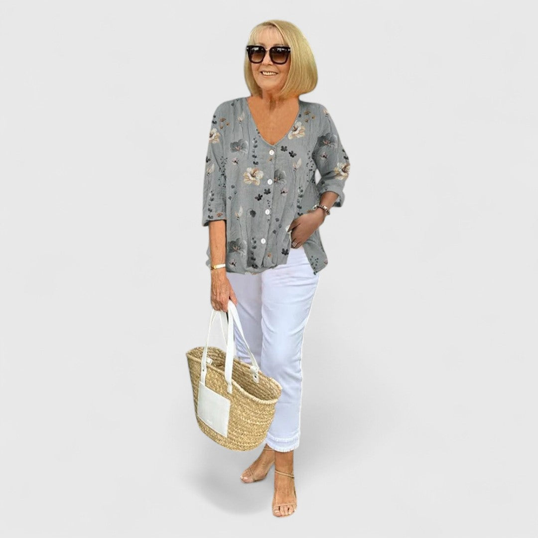 Stella Maria Cotton and Linen Blouse With Floral Pattern