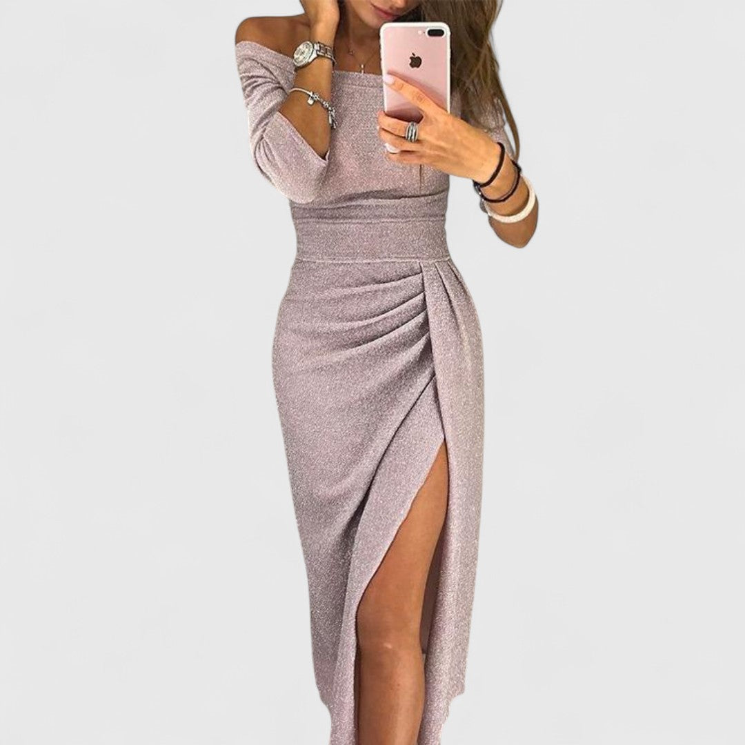 Elegant Off Shoulder Dress With Long Sleeves For Evening