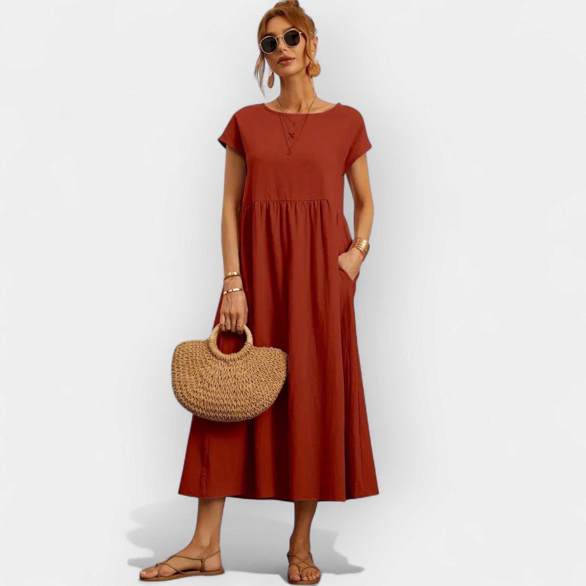 Lightweight Cotton Dress With Pockets Relaxed Fit Summer