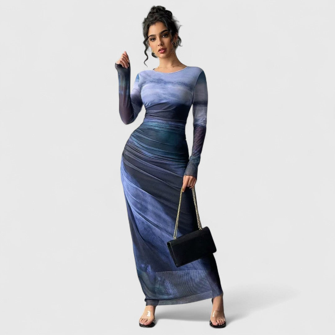 Cara - Comfy Printed Maxi Dress With Round Neck And Long Sleeves
