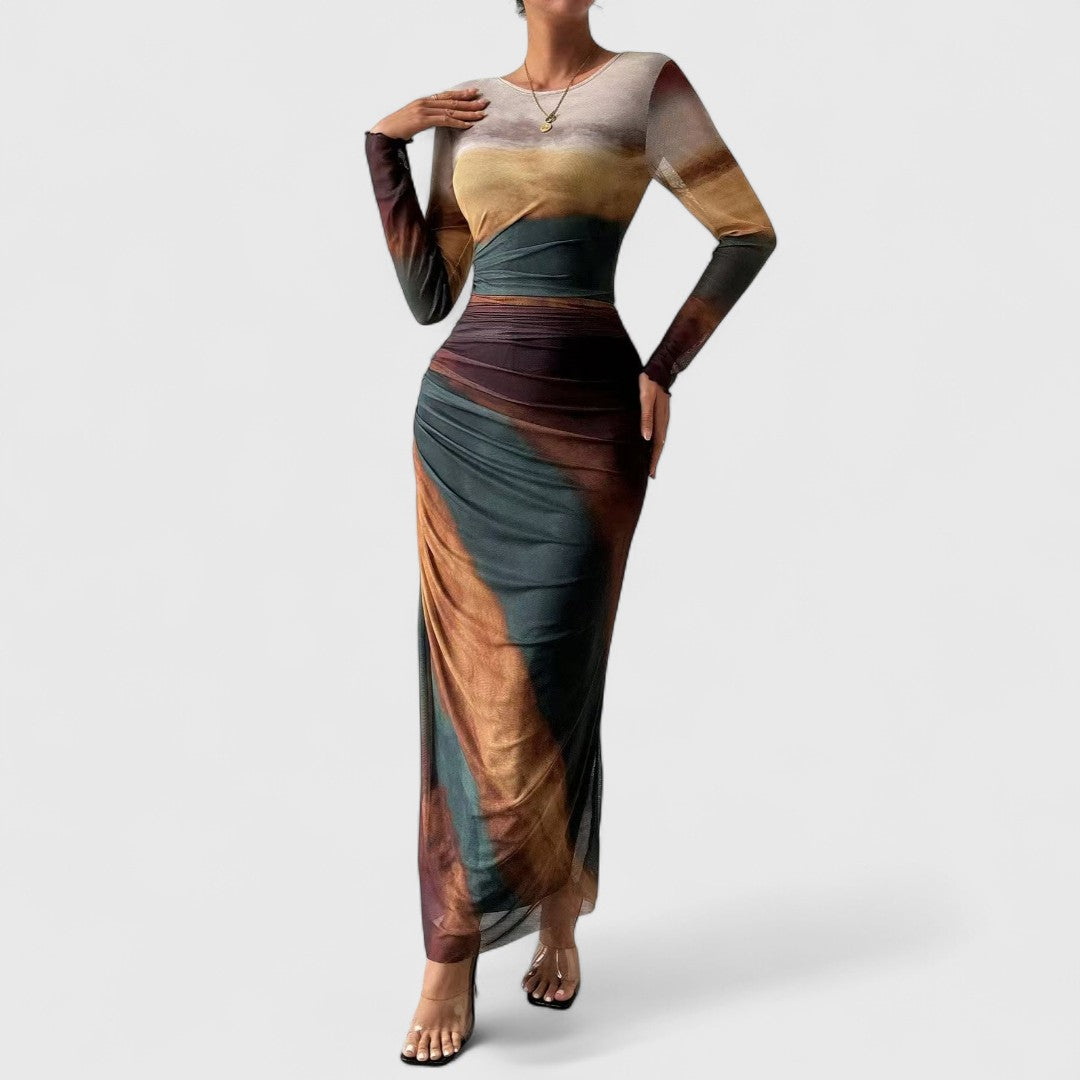Cara - Comfy Printed Maxi Dress With Round Neck And Long Sleeves