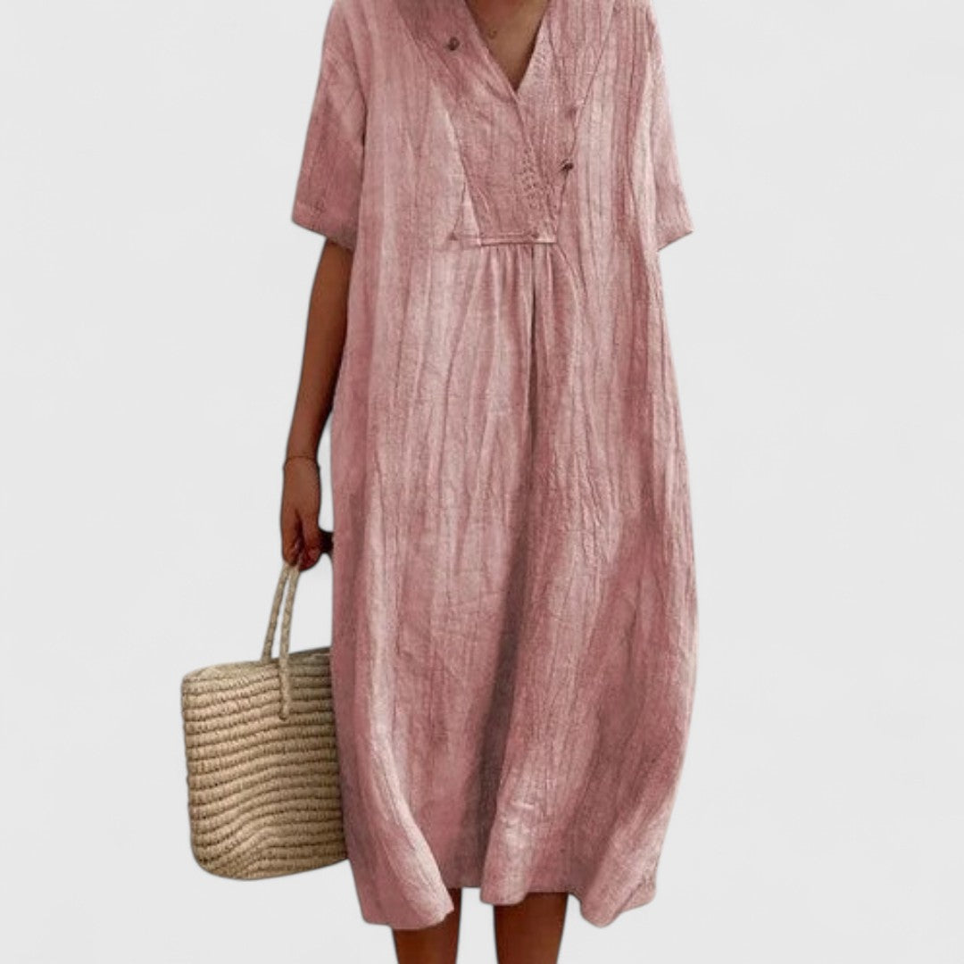 Androniki Cotton Blend Summer Midi Dress With V Neckline