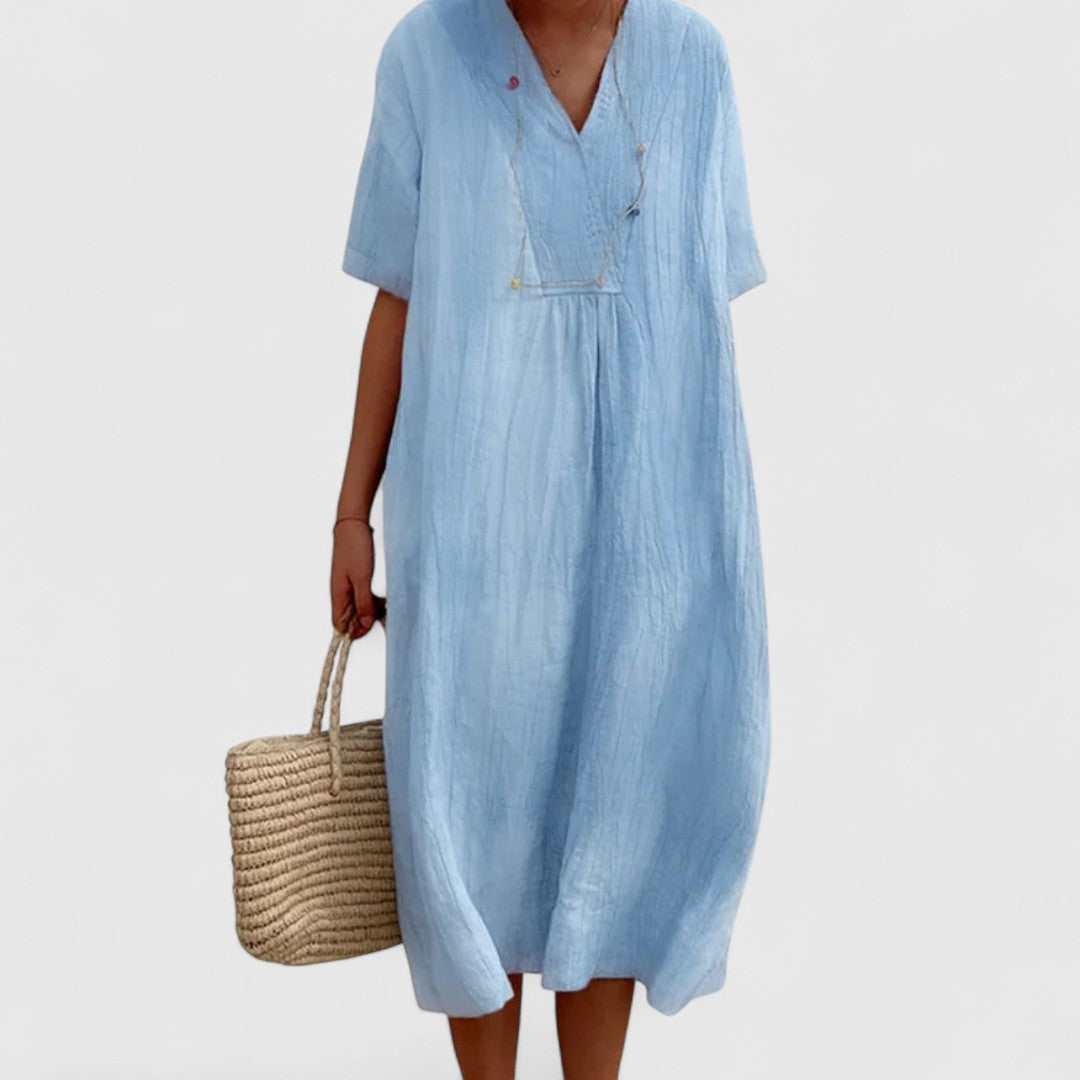 Androniki Cotton Blend Summer Midi Dress With V Neckline