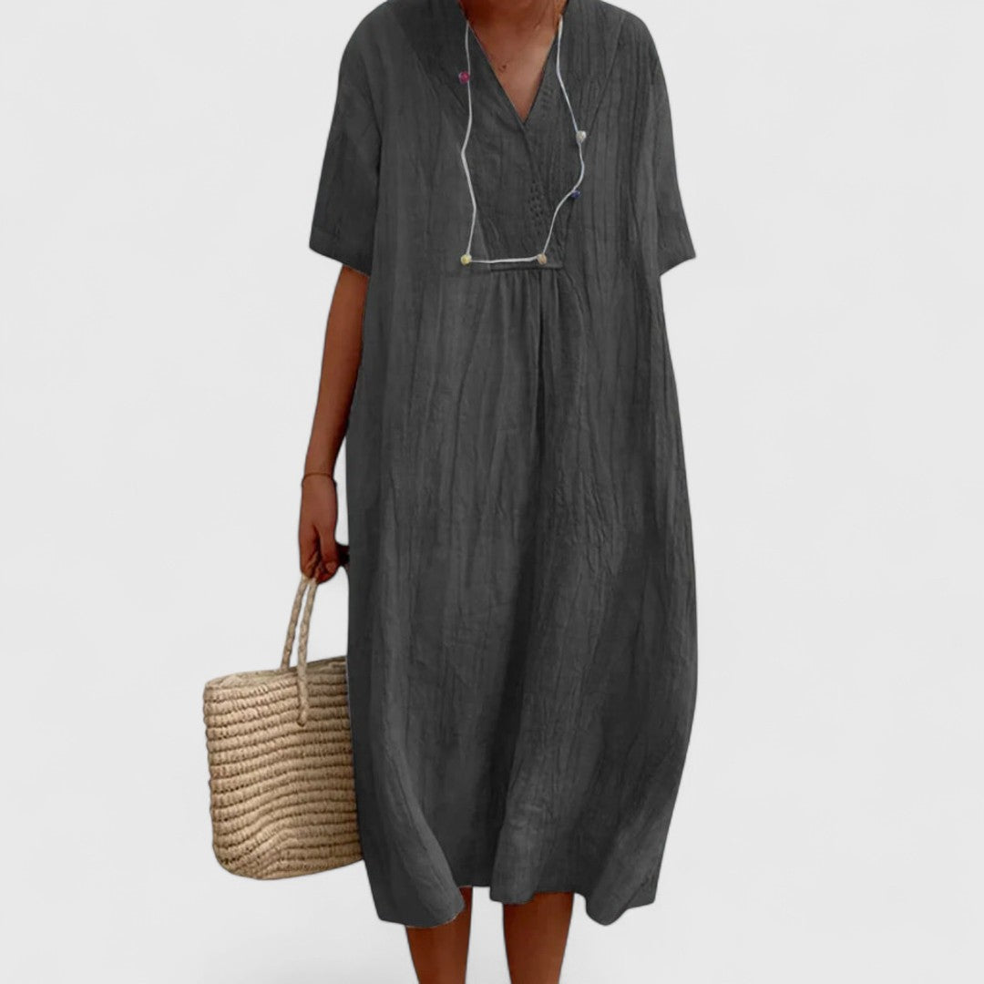 Androniki Cotton Blend Summer Midi Dress With V Neckline