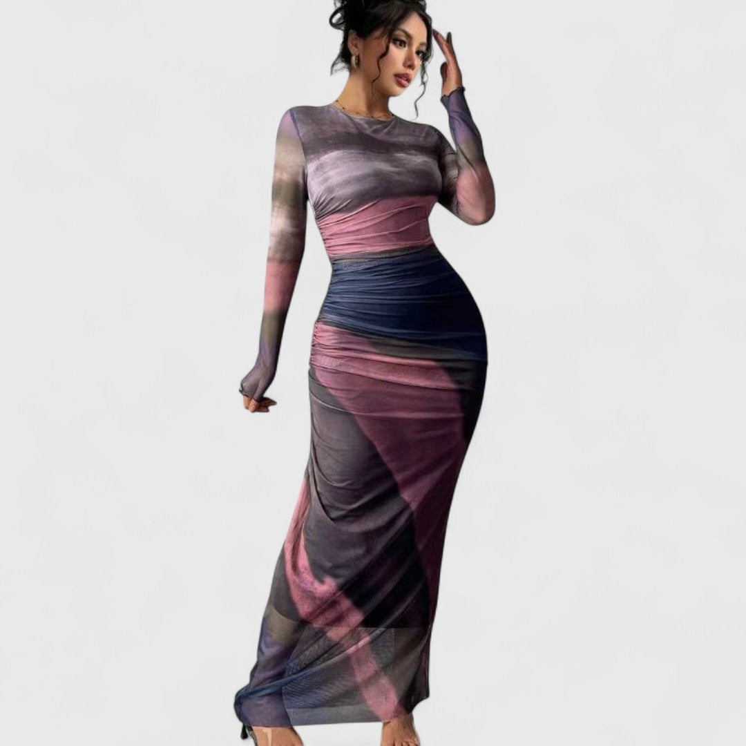 Cara - Comfy Printed Maxi Dress With Round Neck And Long Sleeves