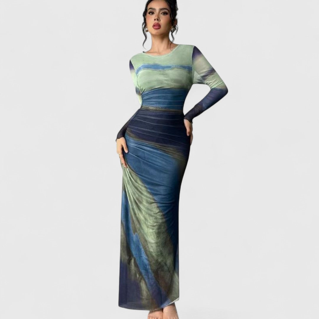 Cara - Comfy Printed Maxi Dress With Round Neck And Long Sleeves