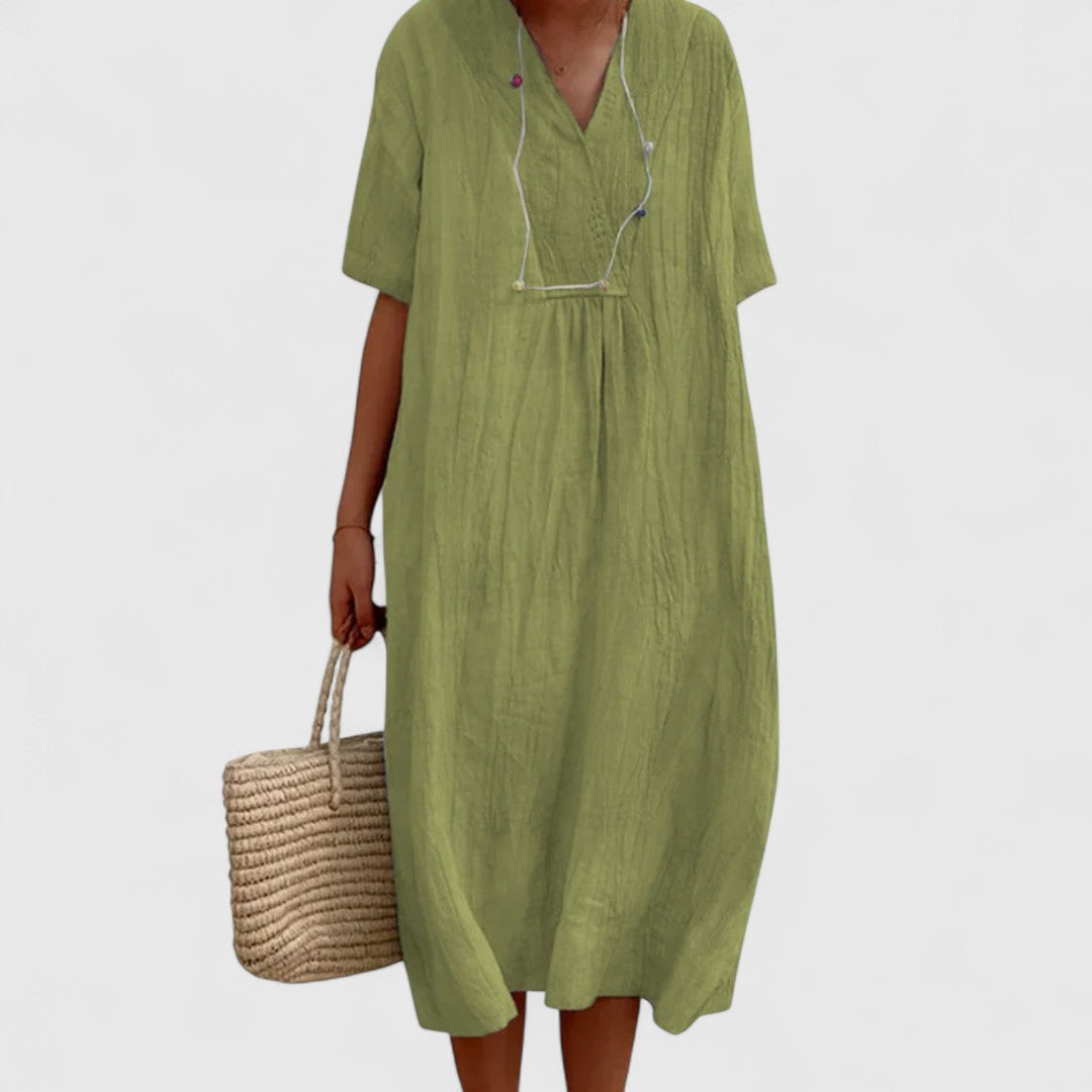 Androniki Cotton Blend Summer Midi Dress With V Neckline