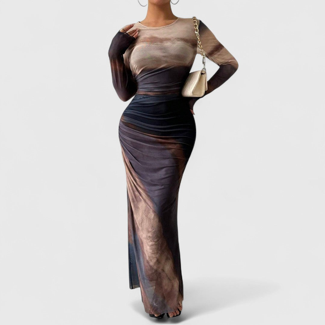 Cara - Comfy Printed Maxi Dress With Round Neck And Long Sleeves