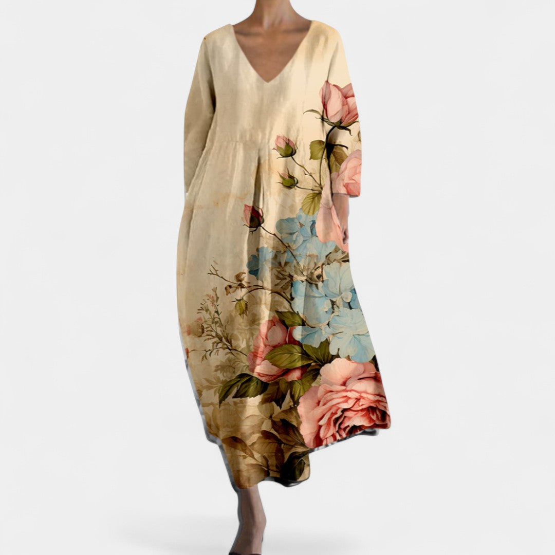 Hero Long Flowing Dress With V Neck And Butterfly Fabric