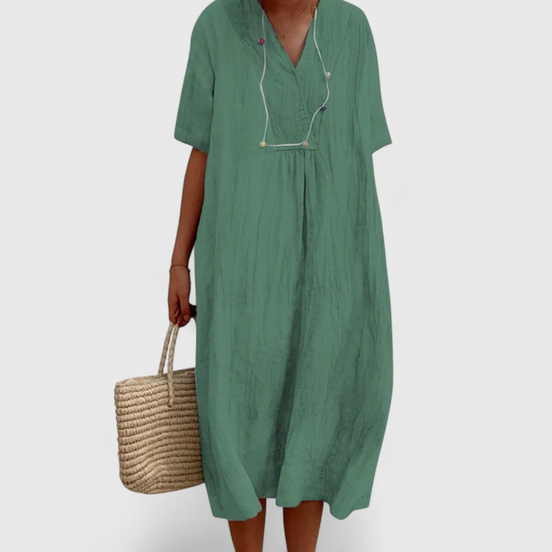 Androniki Cotton Blend Summer Midi Dress With V Neckline